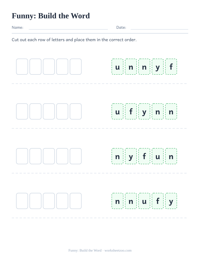 Sight word “funny” worksheet, build the word printable activity