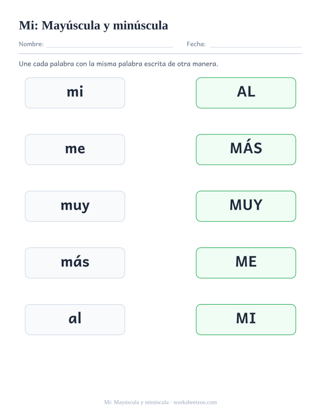 Ficha de la palabra frecuente «mi», mayúscula y minúscula para imprimir
