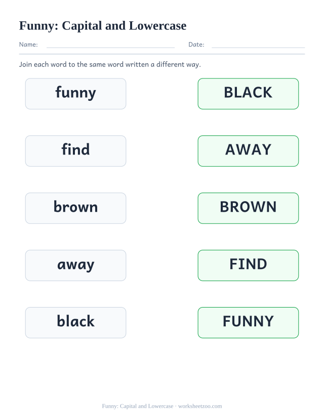 Sight word “funny” worksheet, capital and lowercase printable activity