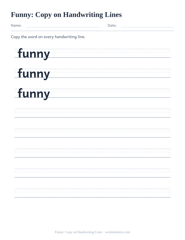 Sight word “funny” worksheet, copy on handwriting lines printable activity