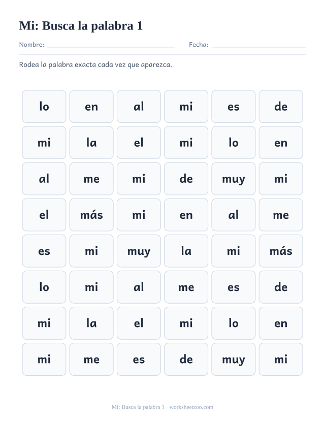 Ficha de la palabra frecuente «mi», busca la palabra 1 para imprimir