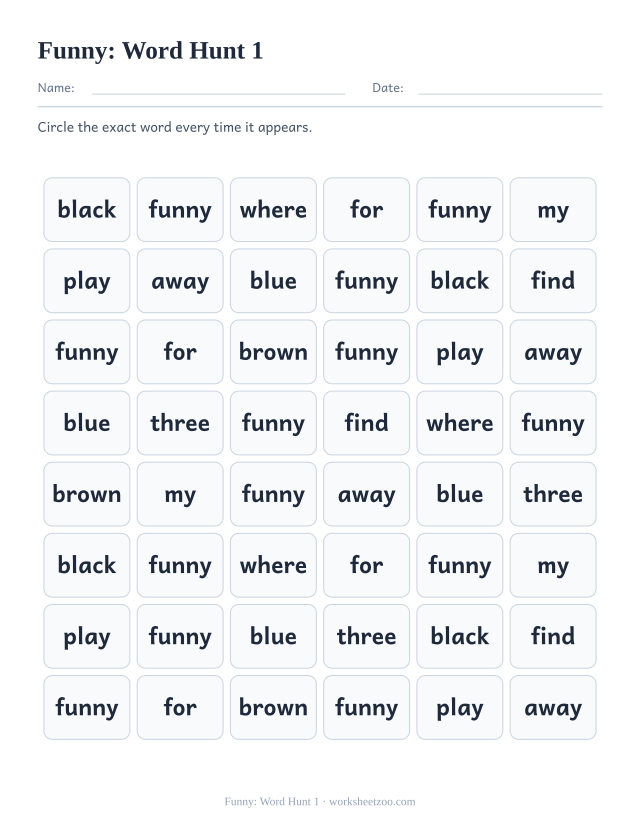 Sight word “funny” worksheet, word hunt 1 printable activity