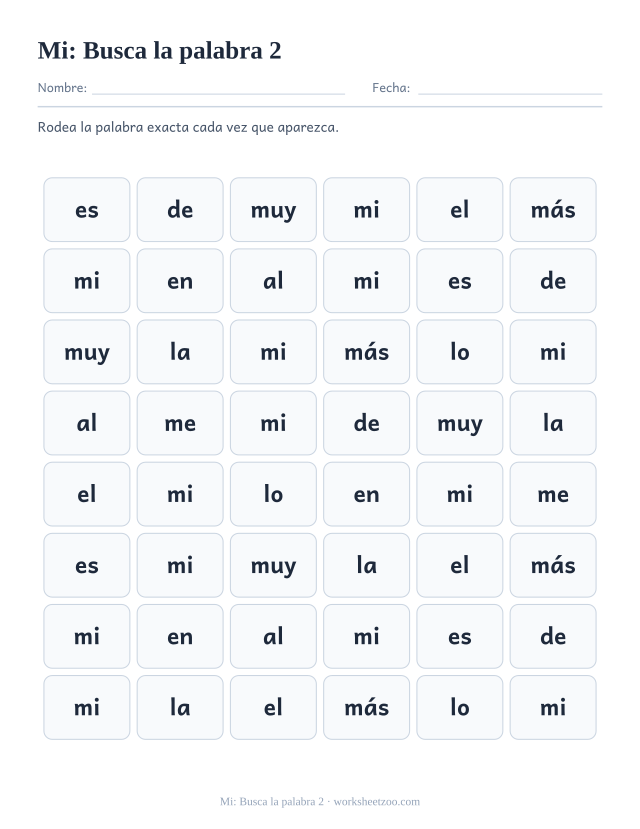 Ficha de la palabra frecuente «mi», busca la palabra 2 para imprimir