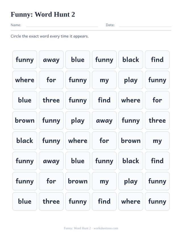 Sight word “funny” worksheet, word hunt 2 printable activity