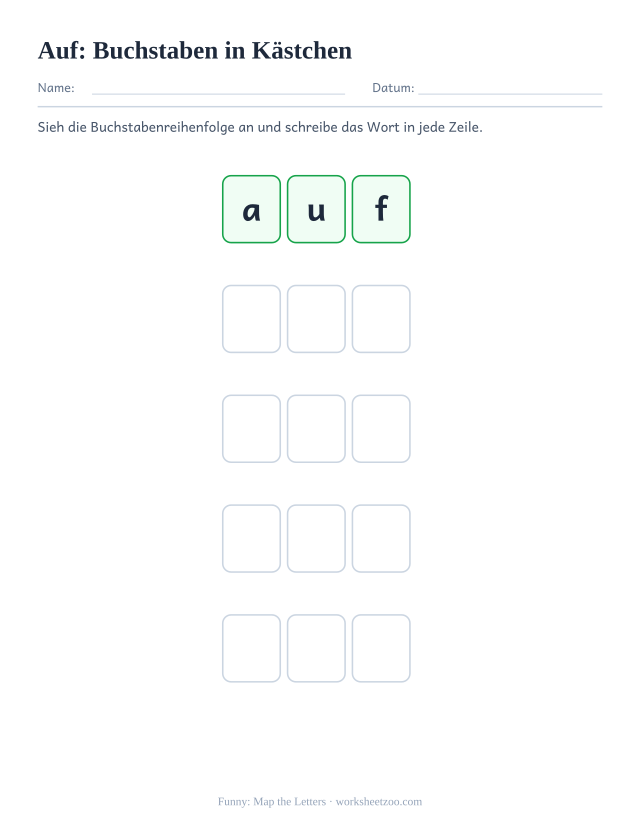 Vorschau: häufiges Wort „auf“, Buchstaben in Kästchen