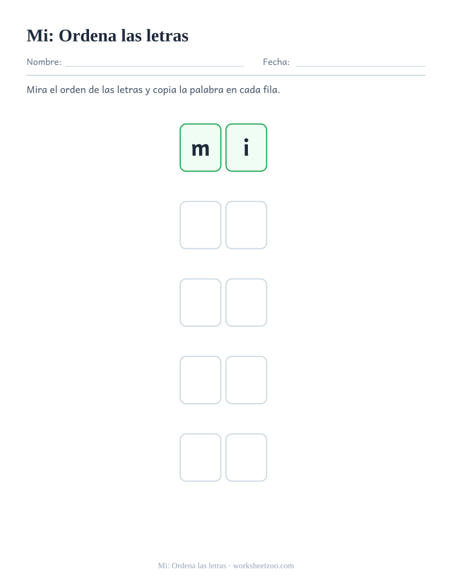 Ficha de la palabra frecuente «mi», ordena las letras para imprimir
