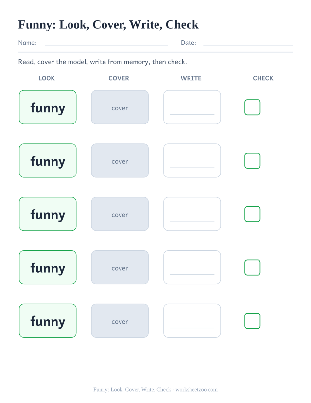 Sight word “funny” worksheet, look, cover, write, check printable activity