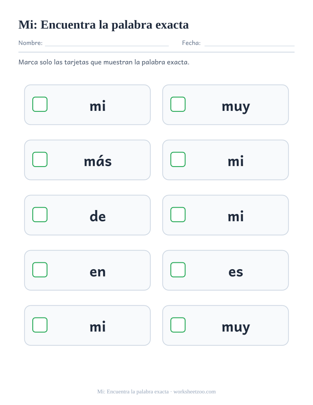 Ficha de la palabra frecuente «mi», encuentra la palabra exacta para imprimir