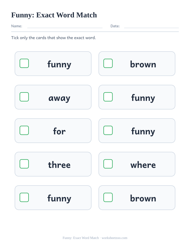 Sight word “funny” worksheet, exact word match printable activity
