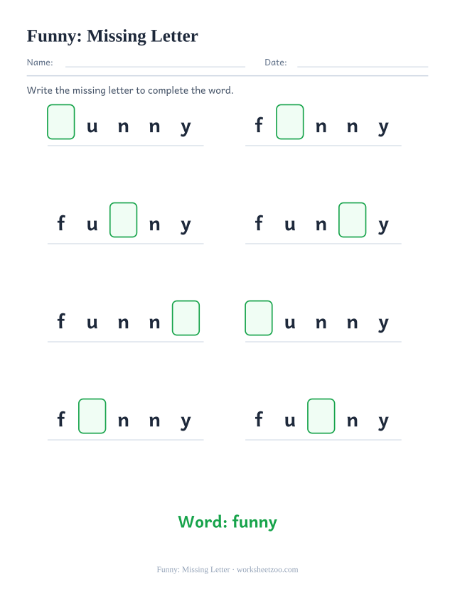 Sight word “funny” worksheet, missing letter printable activity