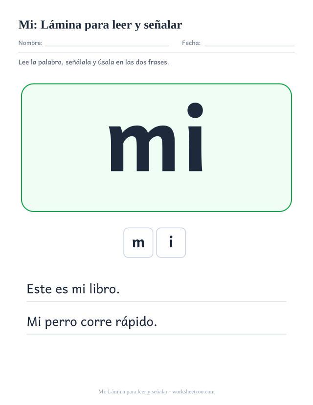 Ficha de la palabra frecuente «mi», lámina para leer y señalar para imprimir