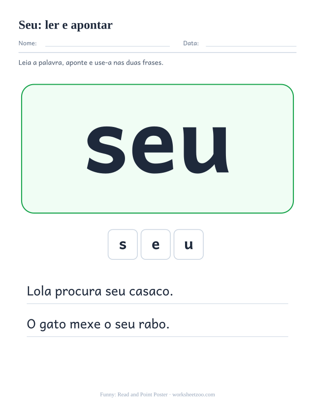 Prévia da palavra frequente “seu”, ler e apontar