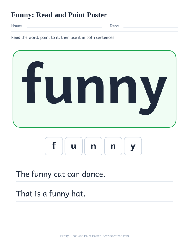 Sight word “funny” worksheet, read and point poster printable activity