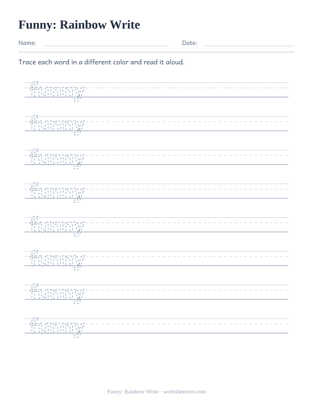Sight word “funny” worksheet, rainbow write printable activity