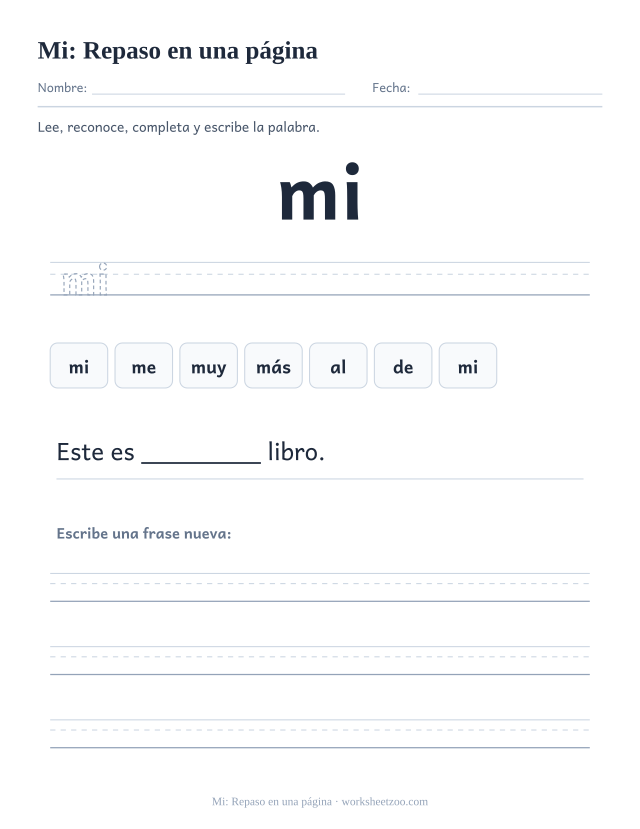 Ficha de la palabra frecuente «mi», repaso en una página para imprimir