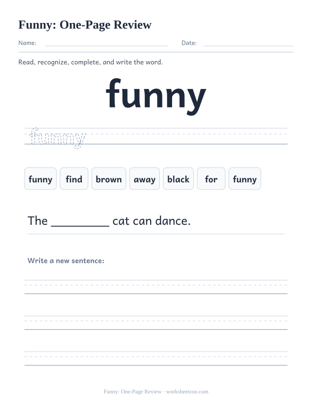 Sight word “funny” worksheet, one-page review printable activity