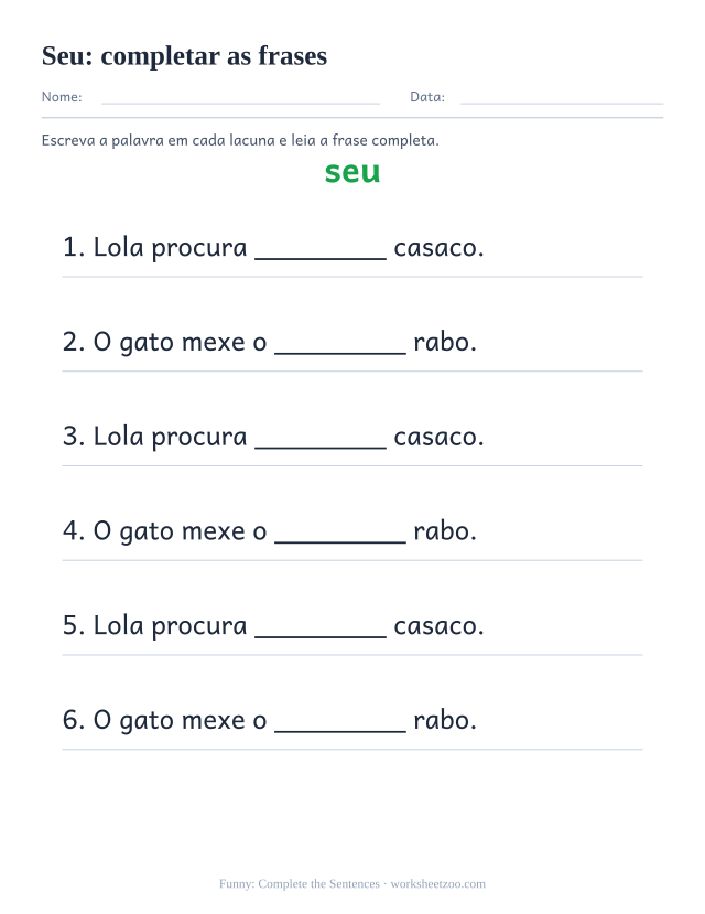 Prévia da palavra frequente “seu”, completar as frases