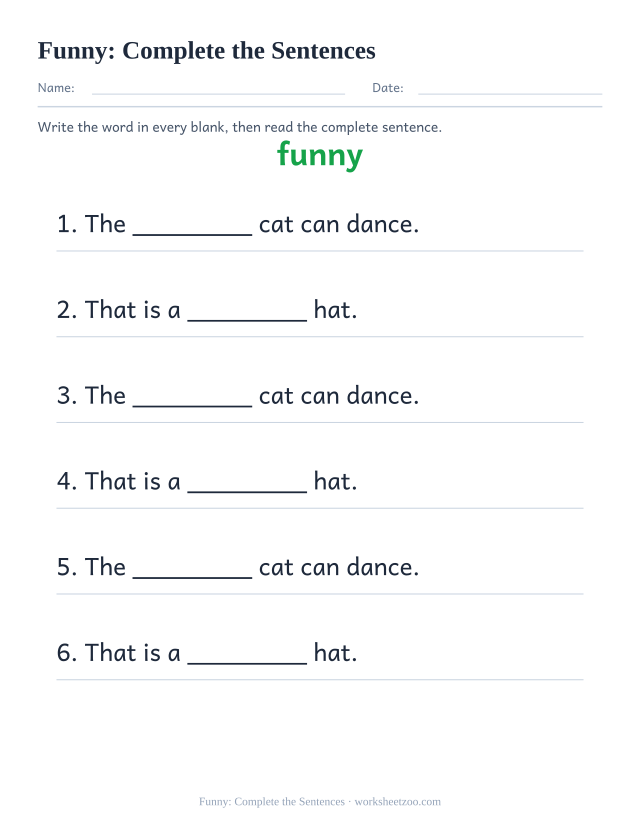 Sight word “funny” worksheet, complete the sentences printable activity