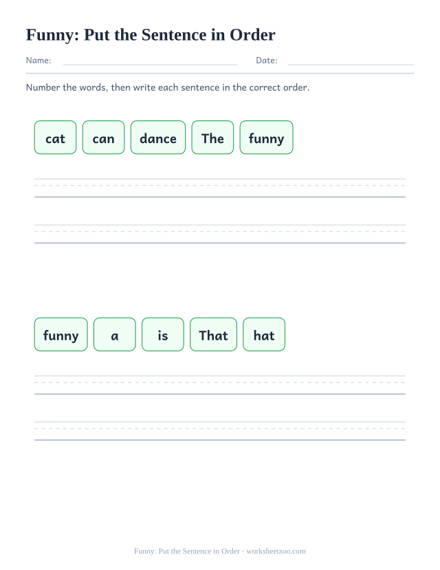 Sight word “funny” worksheet, put the sentence in order printable activity