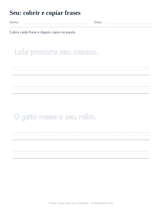 Prévia da palavra frequente “seu”, cobrir e copiar frases
