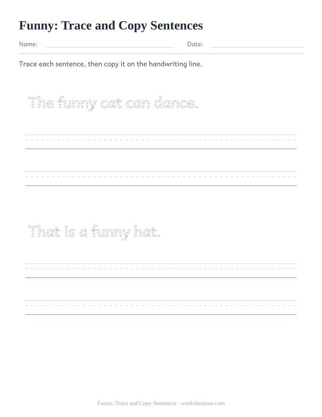 Sight word “funny” worksheet, trace and copy sentences printable activity