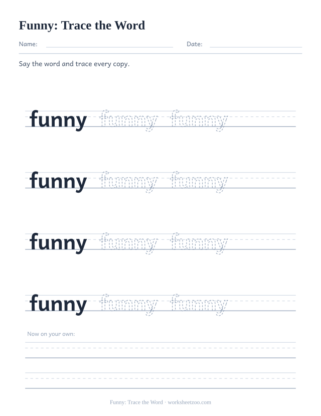 Sight word “funny” worksheet, trace the word printable activity