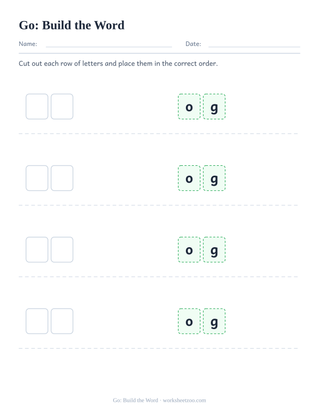 Sight word “go” worksheet, build the word printable activity