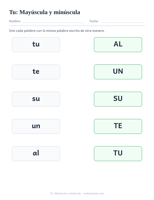 Ficha de la palabra frecuente «tu», mayúscula y minúscula para imprimir