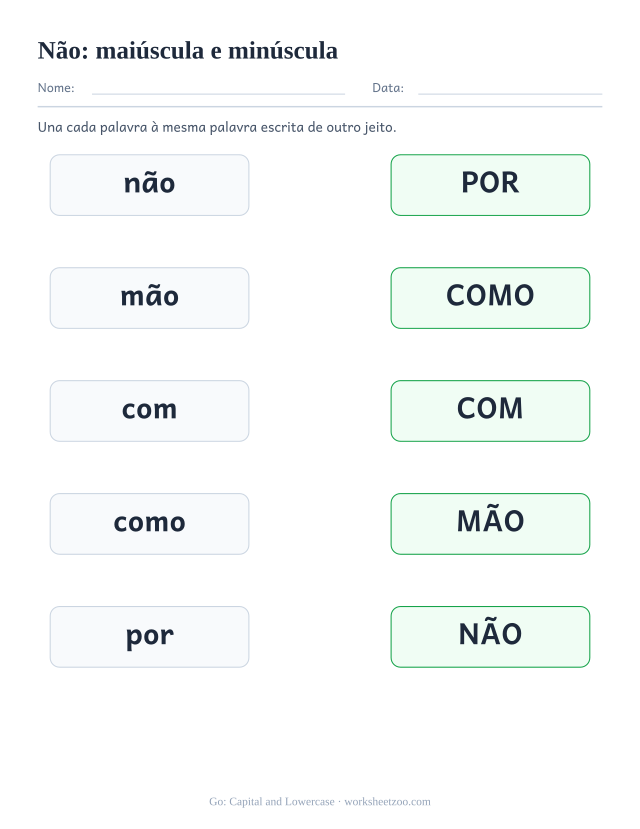 Prévia da palavra frequente “não”, maiúscula e minúscula
