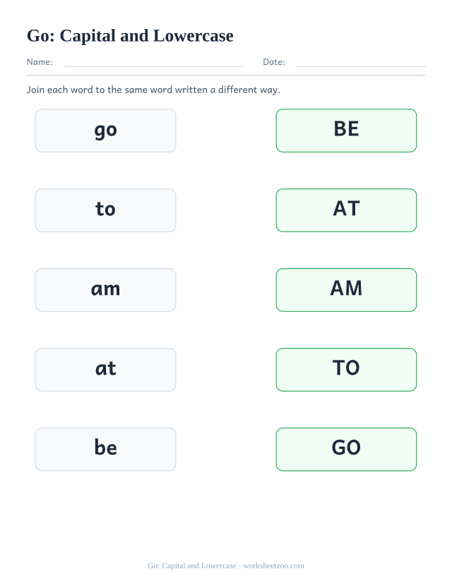 Sight word “go” worksheet, capital and lowercase printable activity