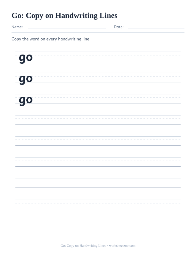 Sight word “go” worksheet, copy on handwriting lines printable activity