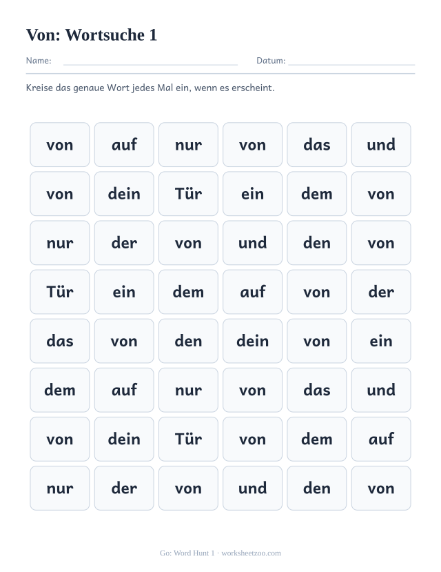 Vorschau: häufiges Wort „von“, Wortsuche 1