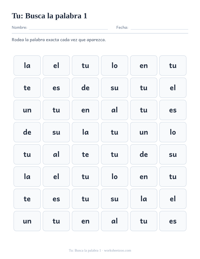 Ficha de la palabra frecuente «tu», busca la palabra 1 para imprimir
