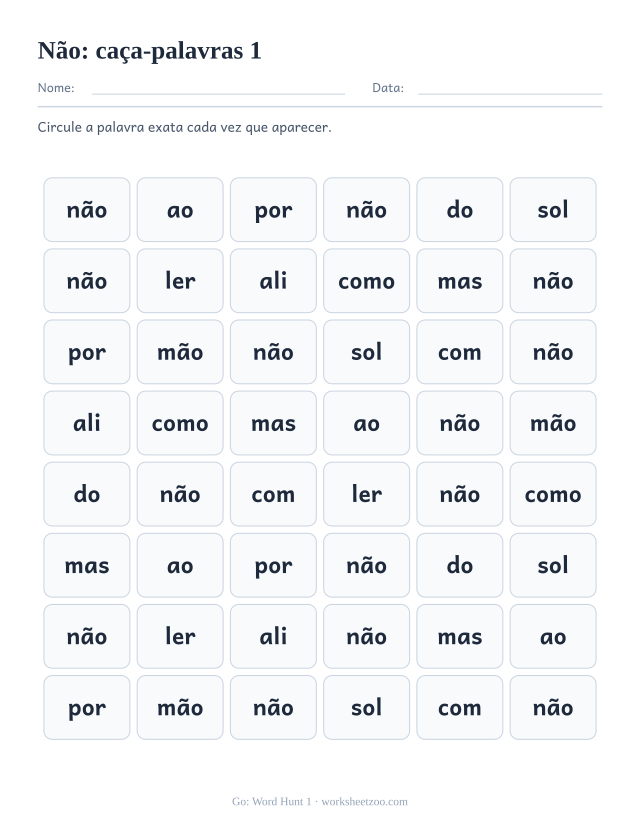 Prévia da palavra frequente “não”, caça-palavras 1