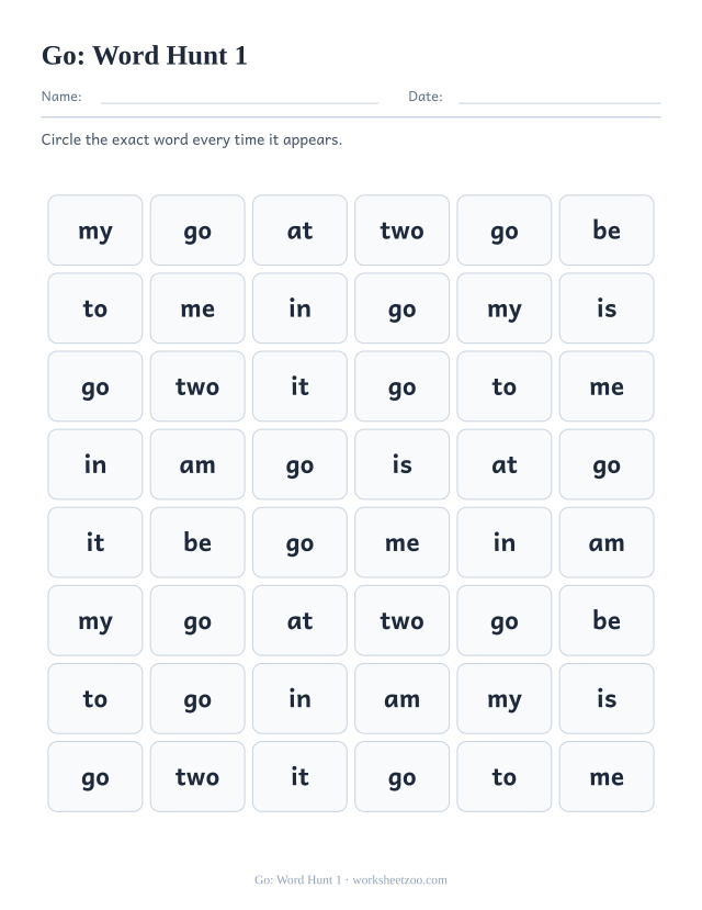 Sight word “go” worksheet, word hunt 1 printable activity