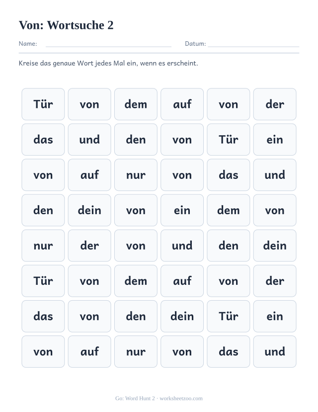 Vorschau: häufiges Wort „von“, Wortsuche 2