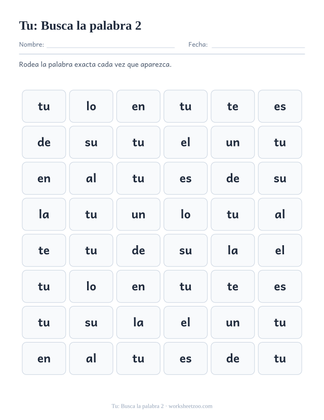 Ficha de la palabra frecuente «tu», busca la palabra 2 para imprimir