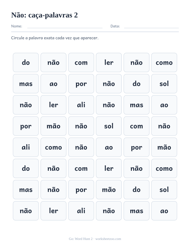 Prévia da palavra frequente “não”, caça-palavras 2