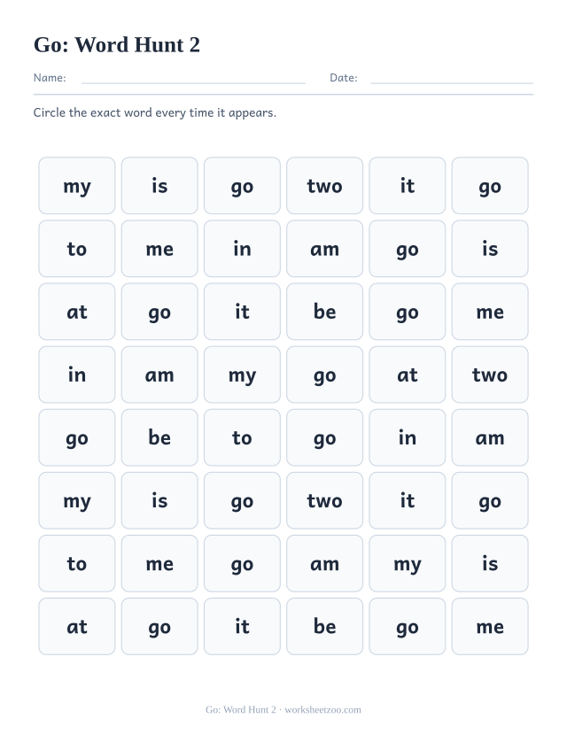 Sight word “go” worksheet, word hunt 2 printable activity