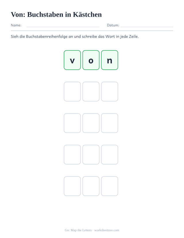 Vorschau: häufiges Wort „von“, Buchstaben in Kästchen