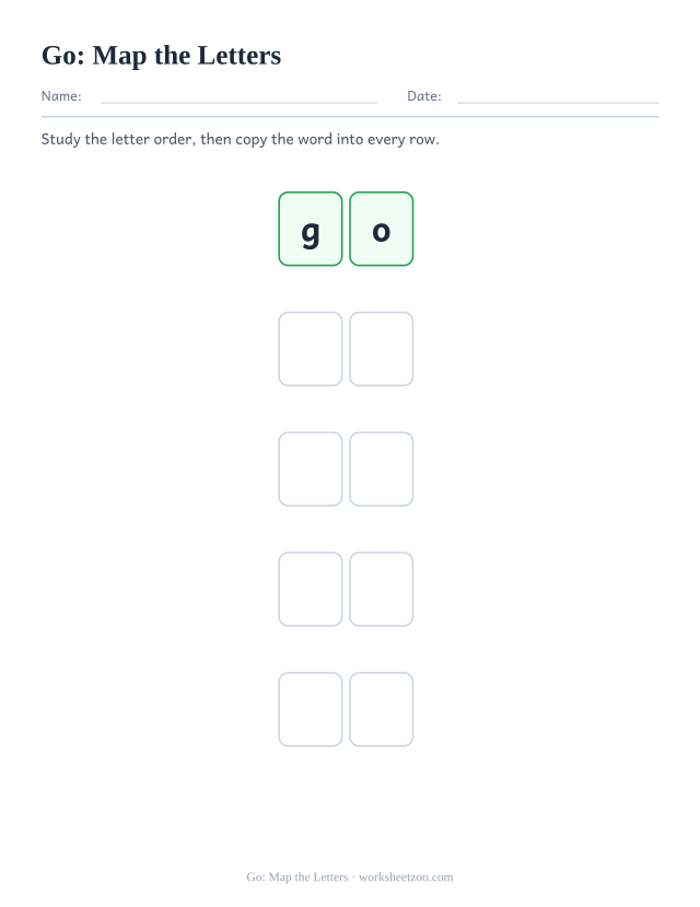 Sight word “go” worksheet, map the letters printable activity
