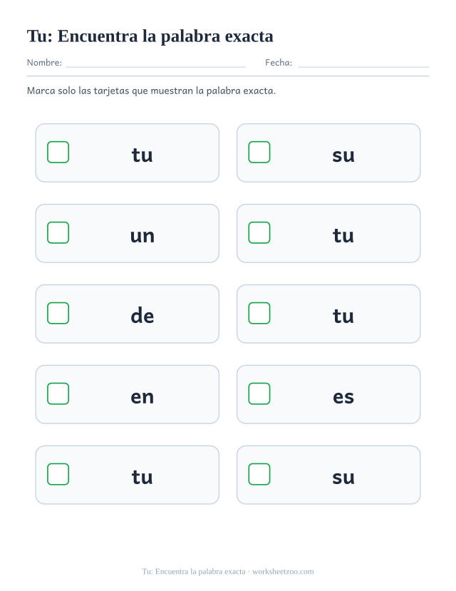 Ficha de la palabra frecuente «tu», encuentra la palabra exacta para imprimir