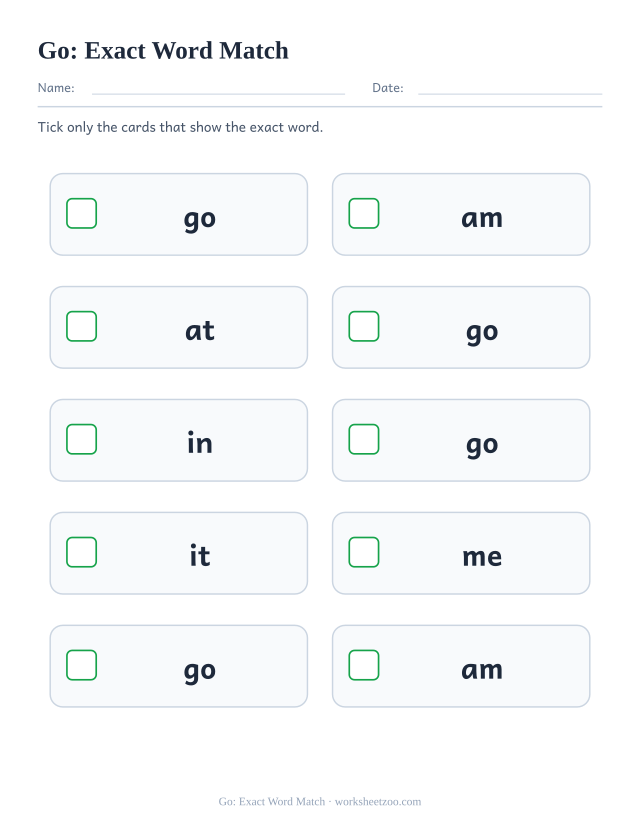 Sight word “go” worksheet, exact word match printable activity