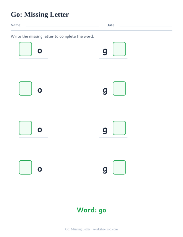 Sight word “go” worksheet, missing letter printable activity