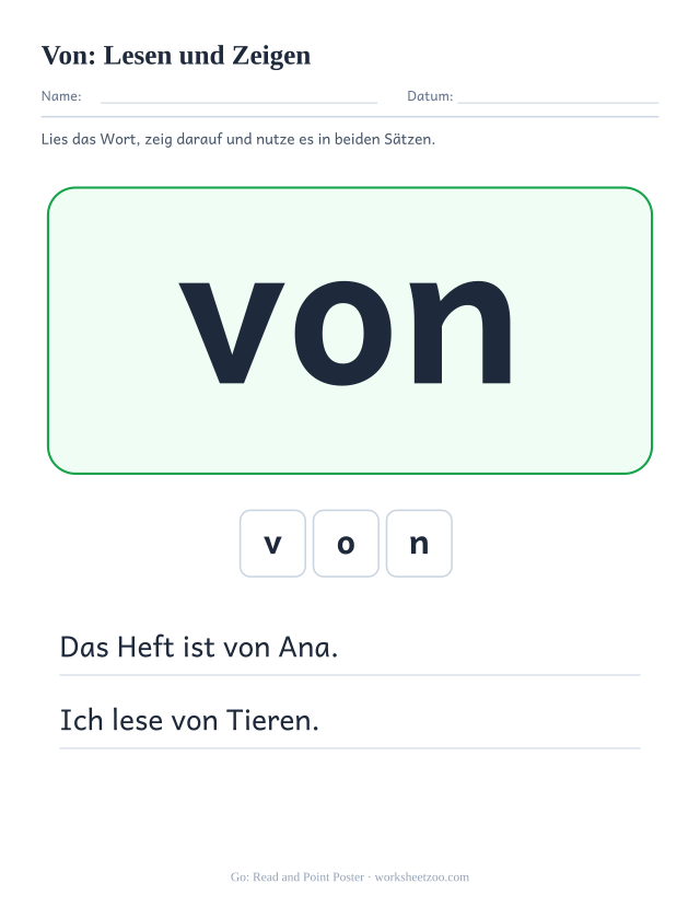 Vorschau: häufiges Wort „von“, Lesen und Zeigen