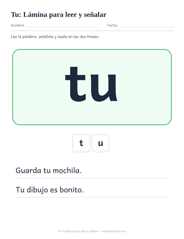 Ficha de la palabra frecuente «tu», lámina para leer y señalar para imprimir