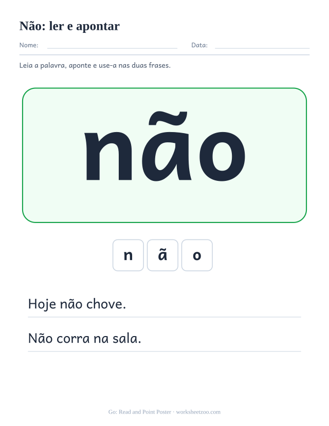 Prévia da palavra frequente “não”, ler e apontar