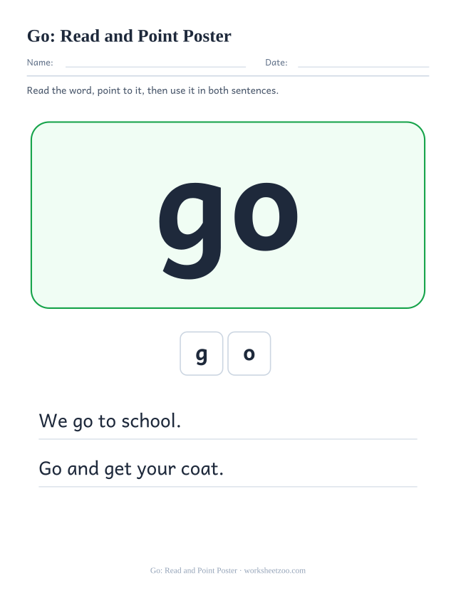 Sight word “go” worksheet, read and point poster printable activity