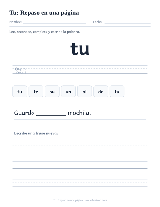 Ficha de la palabra frecuente «tu», repaso en una página para imprimir