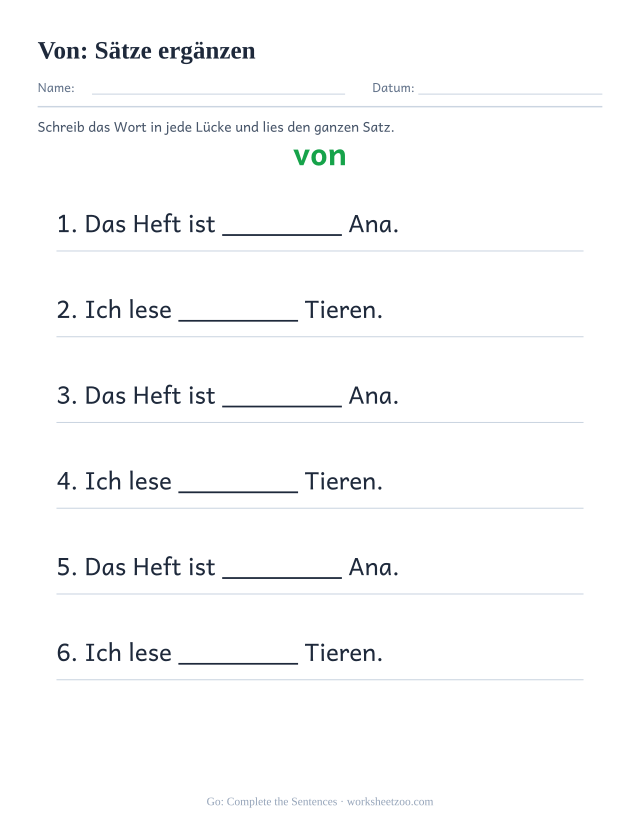 Vorschau: häufiges Wort „von“, Sätze ergänzen